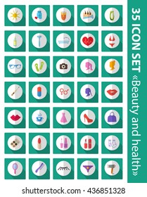 Vector set of flat icons beauty, fashion, health. Cosmetics and body care, 35 icons set.