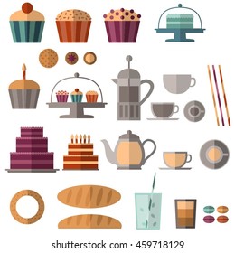 Vector set with flat icons: cakes, cupcakes, bread, cookies, coffee, tea etc. 