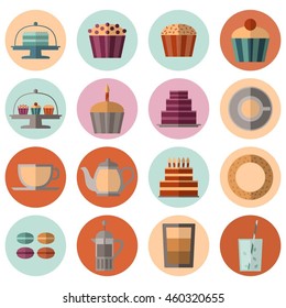 Vector set with flat icons: cakes, cupcakes, bread, cookies, coffee, tea etc. 