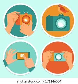 Vector set of flat icons - cameras and mobile photography