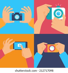 Vector set of flat icons - cameras and mobile photography