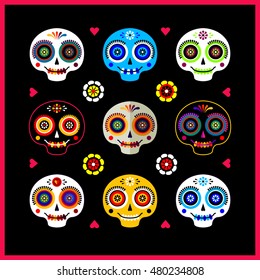 Vector set of flat icons in cartoon naive style with funny sugar skulls, flowers and hearts. Mexican poster. Dia de los Muertos or Day of the Dead illustration.