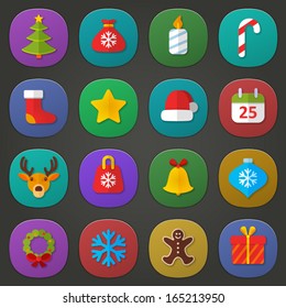 Vector set of flat icons. Christmas & New Year theme. Colorful symbols of tree, gift bag, 
candle, sweets, star, cap, calendar, deer, xmas toy, bell, snowflake, garland, 
wreath, biscuit cookie