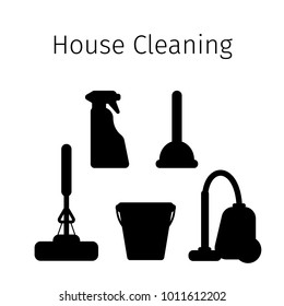 Vector set of flat icons for cleaning tools at home. Isolated objects on white background. Cleaning the room, washing the floor and windows. Linear style. silhouettes of objects.