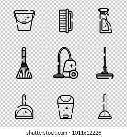Vector set of flat icons for cleaning tools at home. Isolated objects on a transparent background. Cleaning the room, washing the floor and windows. Linear style.