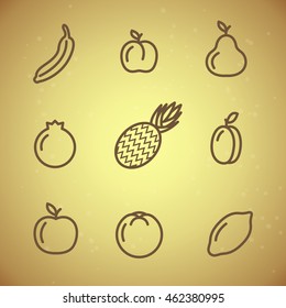 Vector. Set flat icons of fruits drawing lines on a white background