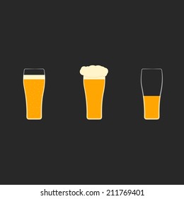 Vector set of flat icons with glasses of beer.Full glass  with bubbles,foam, half-empty mug. Light, dark, cold, yellow ale, guinness.Pint in conical glassware.Concept of alcohol beverages, tavern, pub