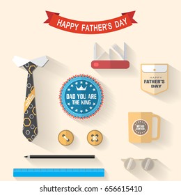 Vector set of flat icons of gray tie with ribbon, blue label, red penknife, yellow shirt pocket, buttons, brown glasses, coffee cup with label, black pencil and blue ruler for Father's Day holiday.