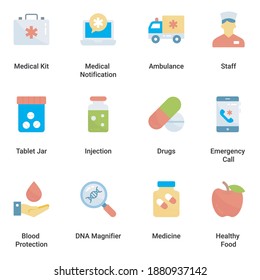 Vector set of flat icons Medical and healthcare professionals and medical equipment. first aid kit, oxygen, doctor bag, pulse, thermometer, eye, DNA, insemination, Simple symbols for app development a