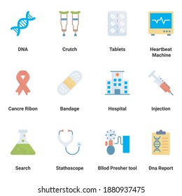 Vector set of flat icons Medical and healthcare professionals and medical equipment. first aid kit, oxygen, doctor bag, pulse, thermometer, eye, DNA, insemination, Simple symbols for app development a