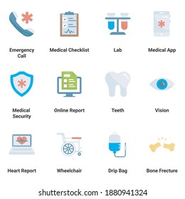 Vector set of flat icons Medical and healthcare professionals and medical equipment. first aid kit, oxygen, doctor bag, pulse, thermometer, eye, DNA, insemination, Simple symbols for app development a