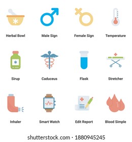 Conjunto de vectores de iconos planos Profesionales médicos y sanitarios y equipo médico. botiquín de primeros auxilios, oxígeno, bolso médico, pulso, termómetro, ojo, adn, inseminación, símbolos simples para el desarrollo de aplicaciones a