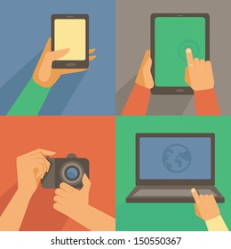 Vector set of flat icons - mobile phone, laptop, digital camera, tablet pc