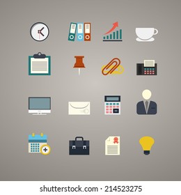 Vector set of flat icons for office work (job). LCD monitor, clock, book for accountant, rising bar graph with arrow, cup, sheet of paper, fastener, envelope, calculator, man with lamp head, beg, fax.
