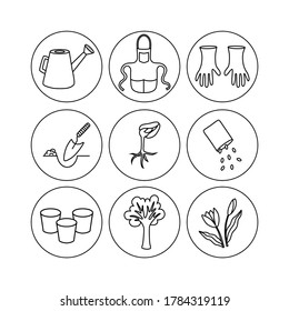 Vector set of flat icons on the topic of agriculture. Isolated elements: watering can, apron, gloves, paw, sprout, seeds, pots, tree, flowers, tulips. Design for website, stickers, labels.
