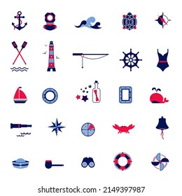 Vector set of flat icons on the theme of the sea, navigation, sea travel, tourism. Nautical illustration of objects of seafaring