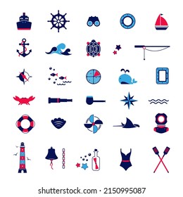 Vector set of flat icons on the theme of the sea, navigation, sea travel, tourism. Nautical illustration of objects of seafaring