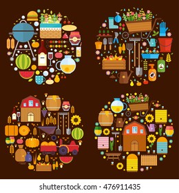 vector set of flat icons. picnic, harvest, gardening, apiary