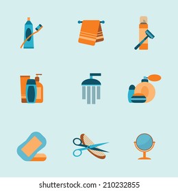 Vector set of flat icons, pictogram for bathroom including toothbrush, toothpaste, towel, shave, perfume, cream, bottle, shower, powder, washcloth, scissors, hairbrush, mirror.