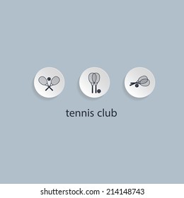 Vector set of flat icons (pictures) with two crossed, vertical, horizontal rackets for playing tennis and ball in round shape. Competitive sport on the court as a hobby.Challenge, athletic play.