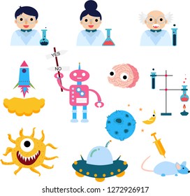 vector set of flat icons, sign and symbols in cute design science with elements for scientist concepts and web apps. Collection modern info graphic logo and pictograph.