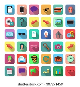 Vector set of flat icons: social, business, web, computer, arrow.
