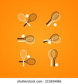 Vector set of flat icons with two vertical, horizontal, crossed rackets for playing tennis and ball. Competitive sport on the court as a hobby. Conception of challenge, athletic play.