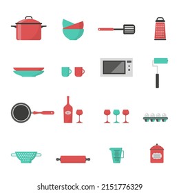 Conjunto vectorial de iconos planos de los utensilios, equipo de cocina, preparación de alimentos