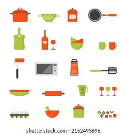 Vector set of flat icons of utensils, kitchen equipment, food preparation