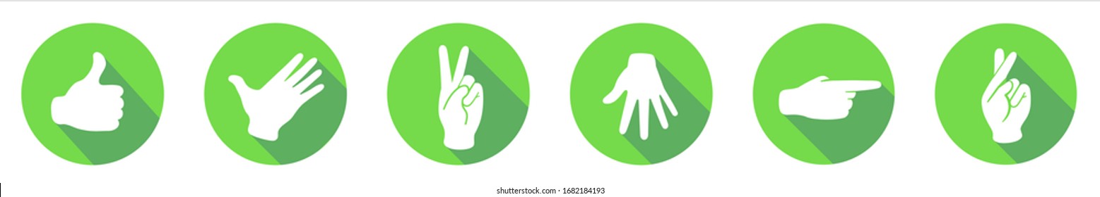Vector set flat icons.Sign with hand. Communication symbol. White hand with gesture on green round background isolated on white. Web button. Mood sticker.Modern illustration