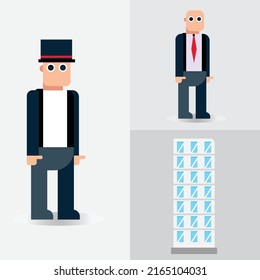 vector set of flat illustration of a business man and a building.