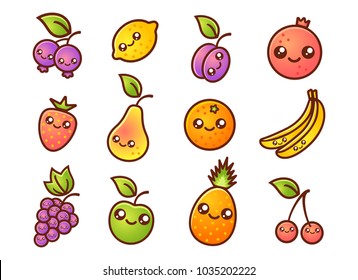 Vector set flat illustration of a fruits in kawaii style. Cute fruit and berries in manga style.