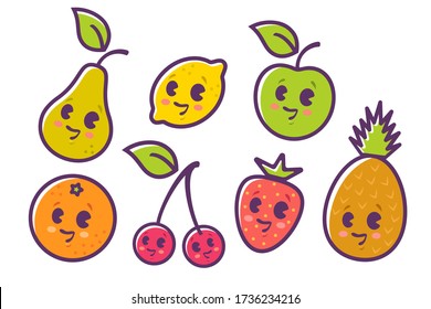 Vector set flat illustration of a fruits in kawaii style. Cute fruit and berries in manga style.