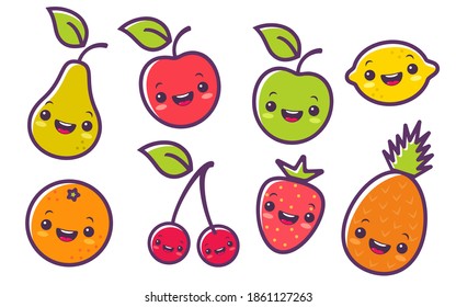 Vector set flat illustration of a fruits in kawaii style. Cute fruit and berries in manga style.