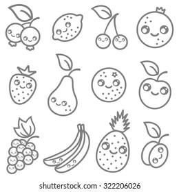 Vector set flat illustration of a fruits in kawaii style