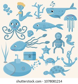 vector set of flat illustration on marine life, underwater, in blue color background isolated