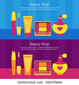Vector set of flat illustration sale of women's cosmetic. Vector package with perfume, shadows,  ink, eyelashes, heart, bottle. Use for textile, background, print, case, website, etc