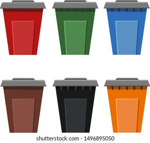 Vector set of flat illustrations of colorful trash cans isolated on a white background. Different colores for types of garbage.