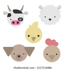 Vector set flat illustrations with cute and simple farm animals, cow, dog, chicken, rooster and sheep.