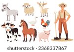 Vector set of flat illustrations. Farm animals on white background, domestic animals. Horse, cow, sheep, goat, goose, rooster, pig, donkey. A male farmer stands holding a shovel, smiling