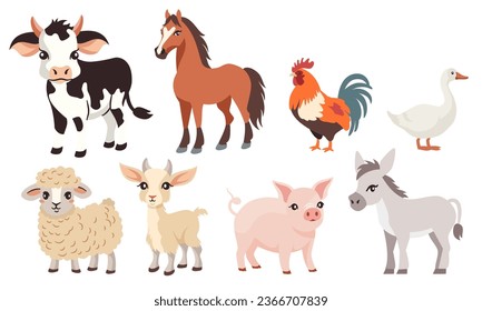 Vector set of flat illustrations. Farm animals on white background, domestic animals. Horse, cow, sheep, goat, goose, rooster, pig, donkey