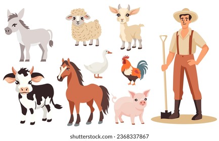 Conjunto vectorial de ilustraciones planas. Animales de granja de fondo blanco, animales domésticos. Caballo, vaca, oveja, cabra, ganso, gallo, cerdo, burro. Un agricultor sostiene una pala, sonriendo