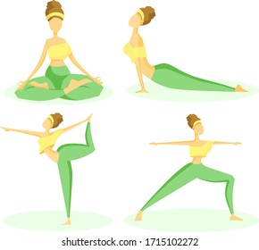 Vector set of flat illustrations. The girl practices yoga, different positions and yoga asanas. The pose of an archer, cobra, lotus, warrior. Home hobby.