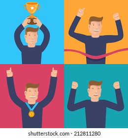 Vector set of flat illustrations with happy businessman - victory concepts and icons - smiling characters winning in the competition