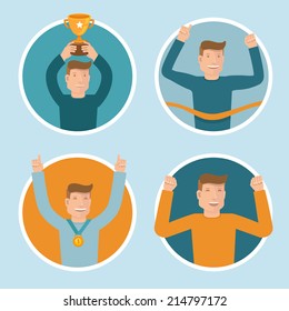 Vector set of flat illustrations with happy businessman - victory concepts and icons - smiling characters winning in the competition