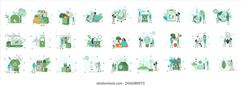 Conjunto de Vectores con ilustraciones planas sobre un fondo blanco aislado sobre el tema de la ecología y la protección del medio ambiente, la producción de energía limpia, biocombustible, energía eólica limpia y energía solar.