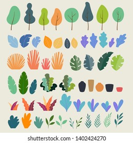 Vector set of flat illustrations of plants, trees, leaves, branches, bushes and pots. Flat cartoon vector illustration