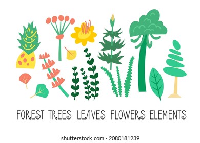 Vector set of flat illustrations. Plants, trees, leaves, flowers, elements of tropical, prehistory Dino forest. Flat cartoon vector illustration.