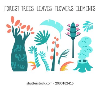 Vector set of flat illustrations. Plants, trees, leaves, flowers, elements of tropical, prehistory Dino forest. Flat cartoon vector illustration.