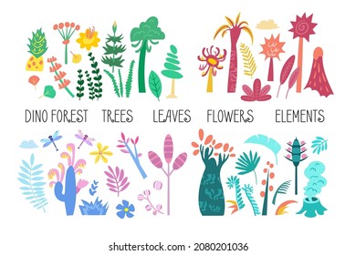 Conjunto vectorial de ilustraciones planas. Plantas, árboles, hojas, flores, elementos tropicales, prehistoria del bosque Dino. Ilustración vectorial de dibujos animados planos.